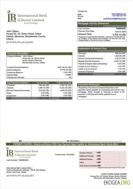 Modèle Word et PDF de relevé hypothécaire de la Liberia International Bank Liberia (IBLL)